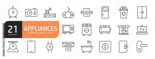 Set of line icons related to Appliances and more. Outline icons collection. Editable stroke. Vector illustration.