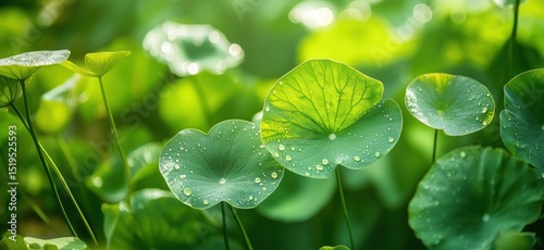 Lush green lotus leaves with water droplets glistening in soft sunlight