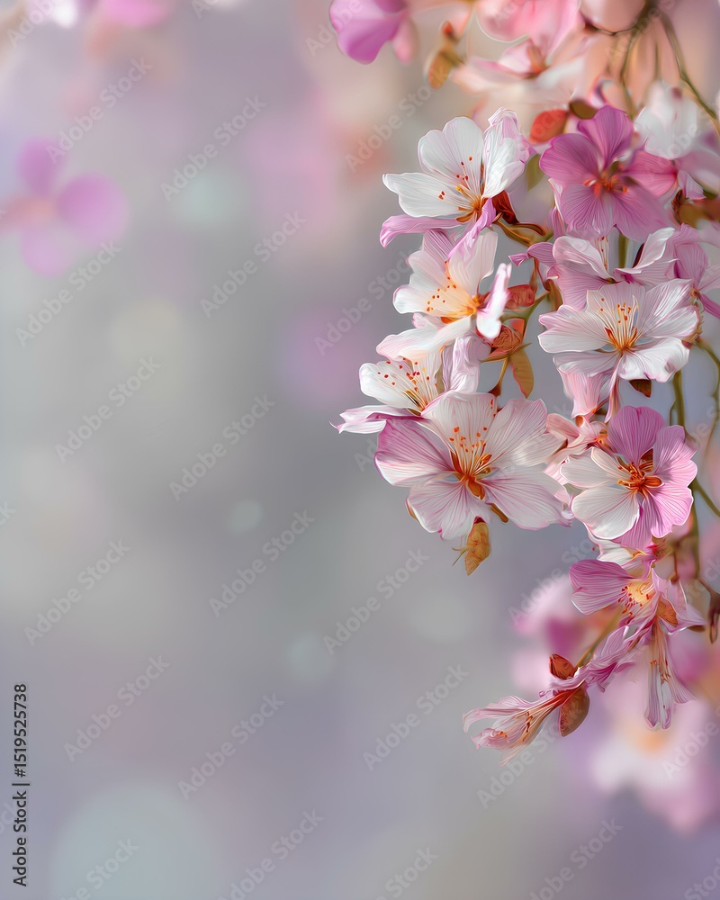Obraz premium Romantic spring floral background with blooming flowers and soft pastel bokeh, gentle nature theme with clean center space for text