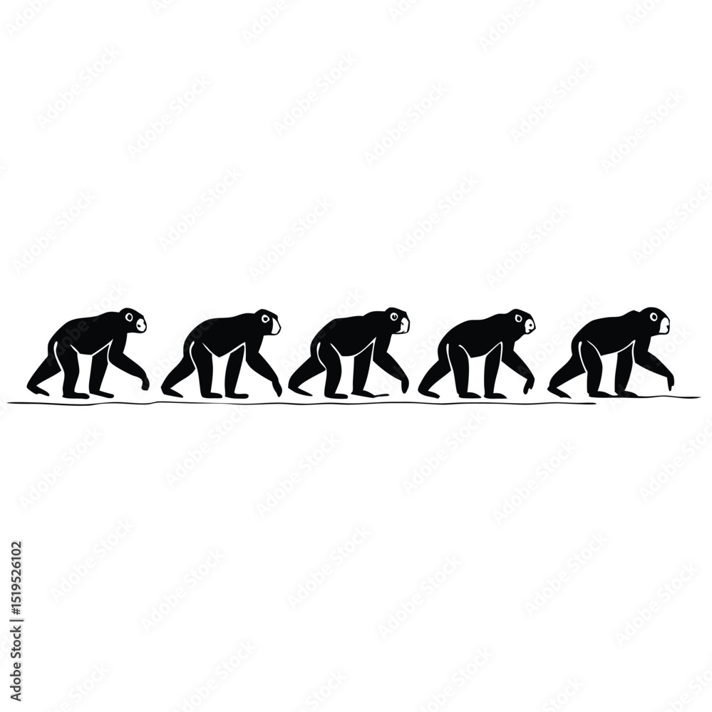 Fototapeta premium Stylized illustration of five monkeys walking in a row against white background