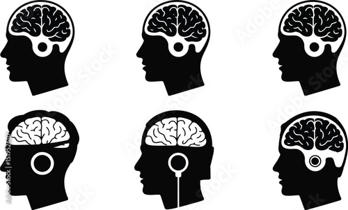 Six black silhouette heads with brains and various technological implants on a white background