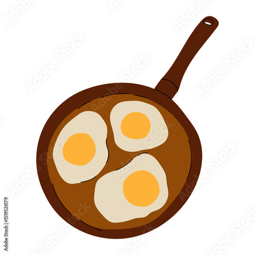 Frying pan with three sunny-side-up eggs, viewed from above. Ideal for food, breakfast, cooking, or kitchen-related content. Simple flat design style. Vector Stock Illustration.