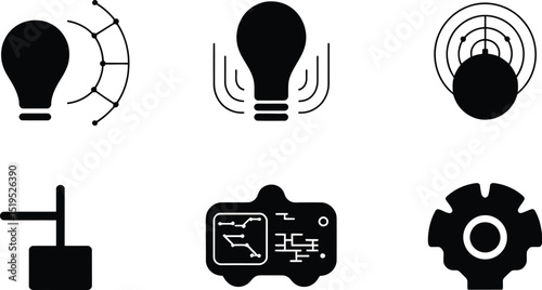 A collection of six different black and white icons representing various technological concepts shown clearly