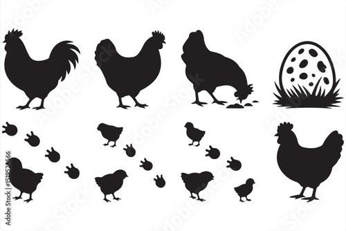 Chicken and Chick Silhouettes with Eggs for Agricultural and Farm-Themed Projects