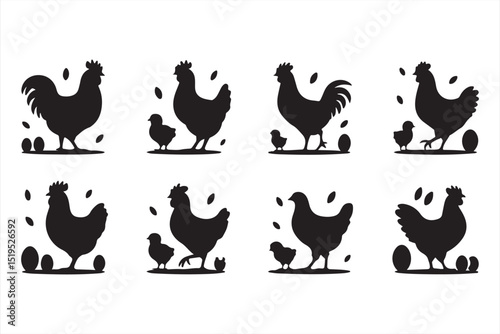 Silhouettes of Hens and Chicks with Eggs for Countryside and Farming Themes