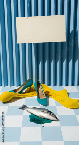 Teal Heels, Yellow Fabric, and Dead Fish on Checkered Floor with Blank Sign