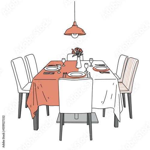 Vector dining table with chairs illustration. Modern furniture. Round dining table and seats
