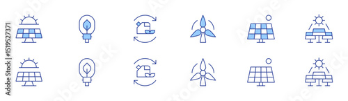 Renewable energy icon set in two styles, Duotone and Thin Line style. Editable stroke. solar energy, wind energy, energy saving, solar panel, renewable energy