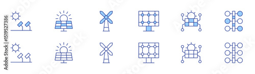 Renewable energy icon set in two styles, Duotone and Thin Line style. Editable stroke. solar panel, windmill, solar energy