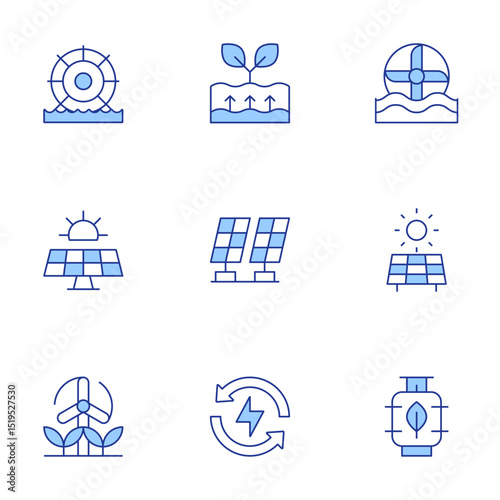 Renewable energy icons set. Line Duotone style, editable stroke. hydraulic energy, geothermal energy, water mill, solar panel, windmill, renewable energy, biogas