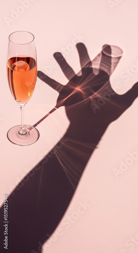Rosé Wine Glass and Hand Shadow on Pink Background