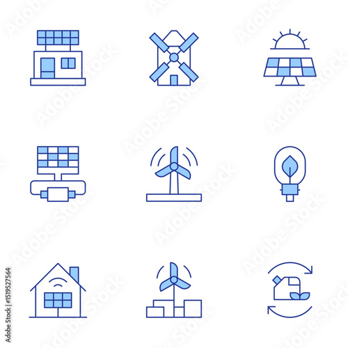 Renewable energy icons set. Line Duotone style, editable stroke. solar panel, windmill, solar energy, wind power, energy saving, renewable energy