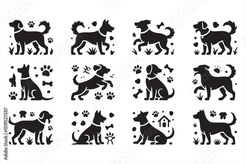 Silhouetted Dog Icons with Dynamic Poses, Bones, and Paw Prints for Pet Businesses