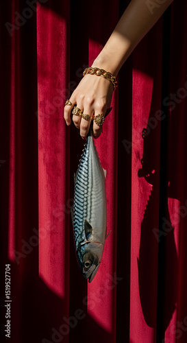 Hand with Gold Jewelry Holding Mackerel Against Red Velvet Curtain