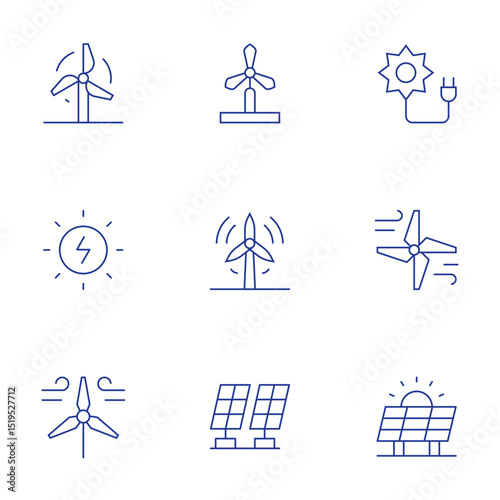 Renewable energy icons set. Thin Line style, editable stroke. windmill, wind power, solar energy, wind energy, solar panel
