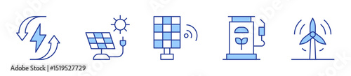 solar panel, renewable energy, biofuel, wind power. Renewable energy Icon vector illustration. Line Duotone style. Editable stroke