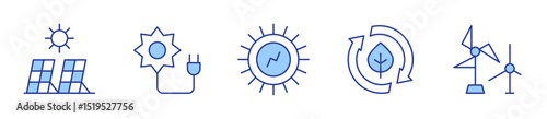 solar energy, windmills, solar panel, clean energy. Renewable energy Icon vector illustration. Line Duotone style. Editable stroke