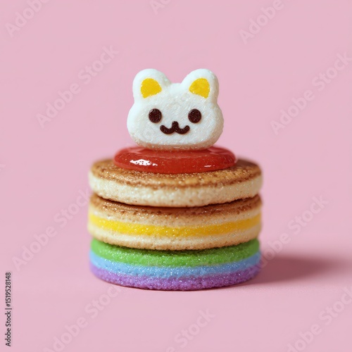 Big-eyed cat character on top of pancakes, strawberry jam, pastel rainbow cloud background, joyful and vibrant