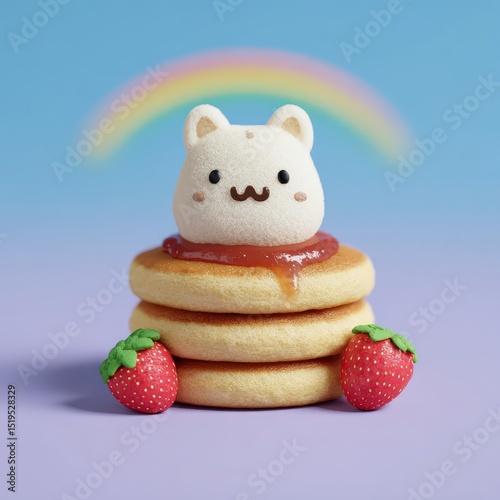 Big-eyed cat character on top of pancakes, strawberry jam, pastel rainbow cloud background, joyful and vibrant