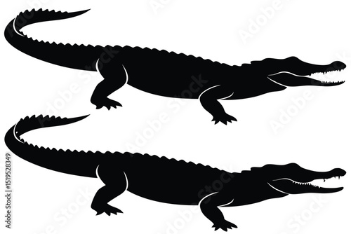 Alligator silhouette set vector illustration two alligators swamp predator reptile wildlife concept
