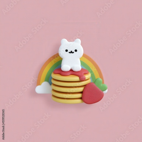 Big-eyed cat character on top of pancakes, strawberry jam, pastel rainbow cloud background, joyful and vibrant