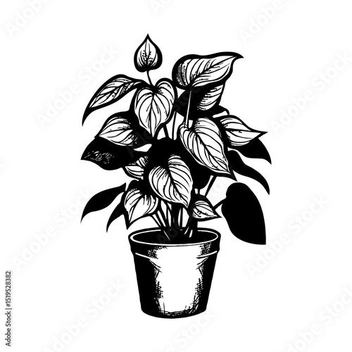 Potted houseplant Golden Pothos with lush leaves in black and white ink style on a white background. Botanical-themed decorative art