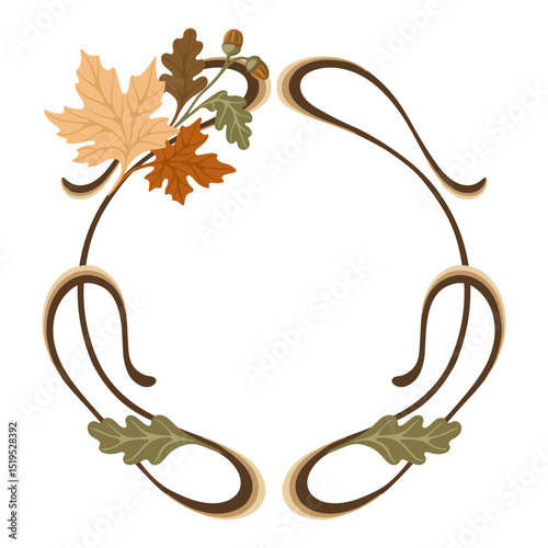 Autumn Art Nouveau Frame. Seasonal Vintage frame with fall leaves and acorns. Vector.