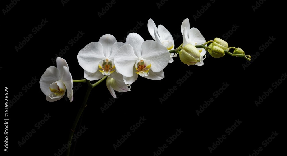 Fototapeta premium Elegant White Orchid Flowers and Buds on Black Background