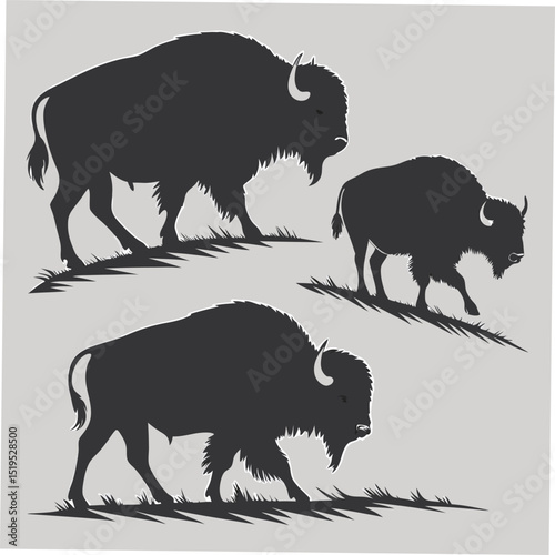 American bison silhouette herd grazing in sparse prairie grass vector illustration