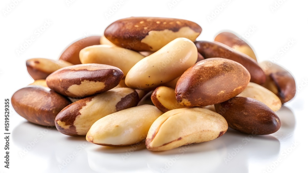 Obraz premium Organic Brazil nuts pile, raw brown brazil nut kernels, healthy vegan snack