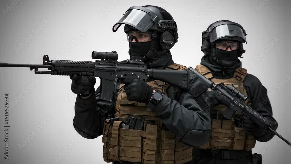 Two men in tactical gear aiming rifle for military mission. Soldiers in combat uniform exercising special operation and defense strategy footage.