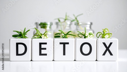 デトックスを意味する英単語のdetoxの文字が書かれた木製のキューブブロック。AIで生成	
