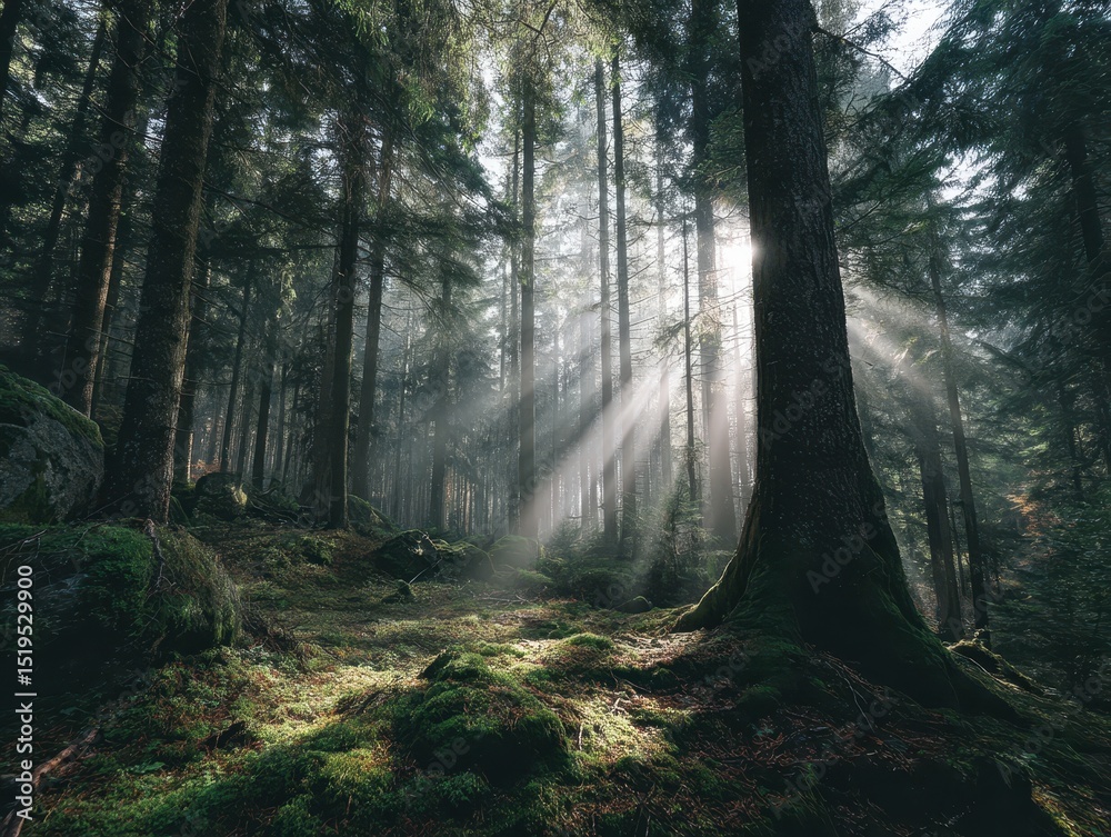 Obraz premium Sunlight filtering through a misty forest.