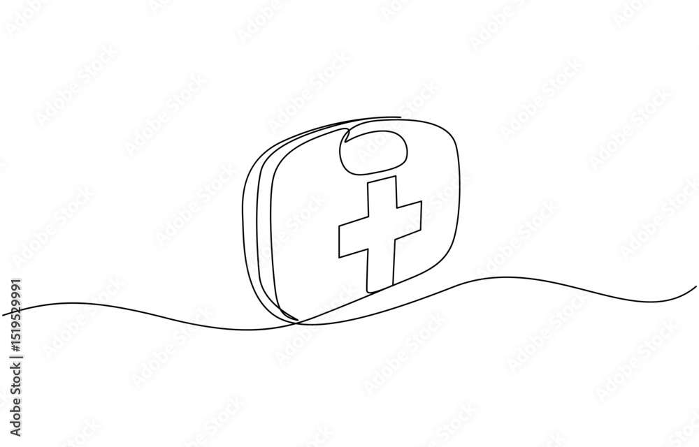 Obraz premium Continuous one line drawing of first aid kit box. First aid kit medical bag. Medical bag in single line draw illustration. Editable stroke.