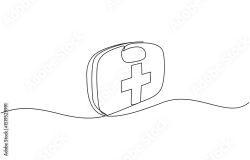 Continuous one line drawing of first aid kit box. First aid kit medical bag. Medical bag in single line draw illustration. Editable stroke.