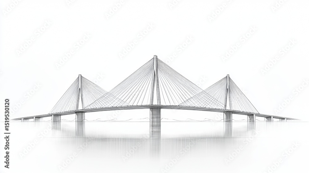 Fototapeta premium Bridge spans across serene water under cloudy sky showcasing cables and geometric design during early morning hours