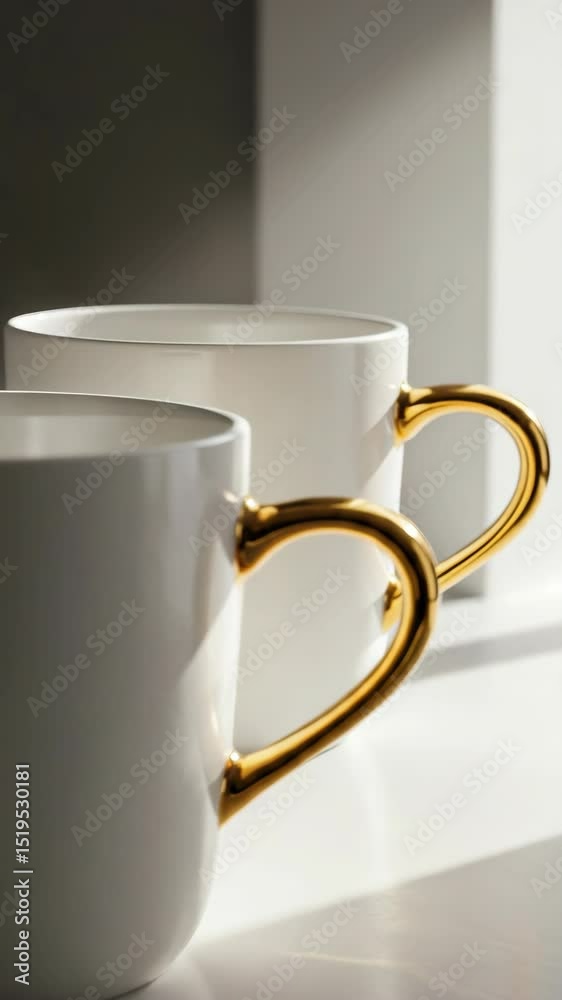 Elegant white mugs with gold heart shaped handles. Pair of stylish ceramic mugs perfect for tea or coffee. Luxury home decor concept using elegant mugs for modern interiors.