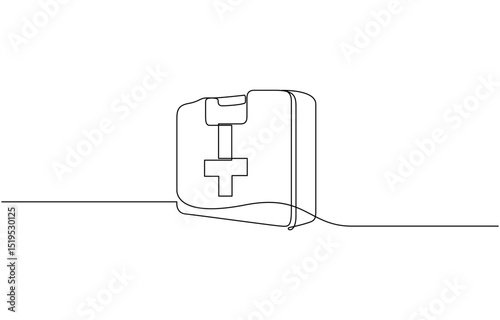 Continuous one line drawing of first aid kit box. First aid kit medical bag. Medical bag in single line draw illustration. Editable stroke.