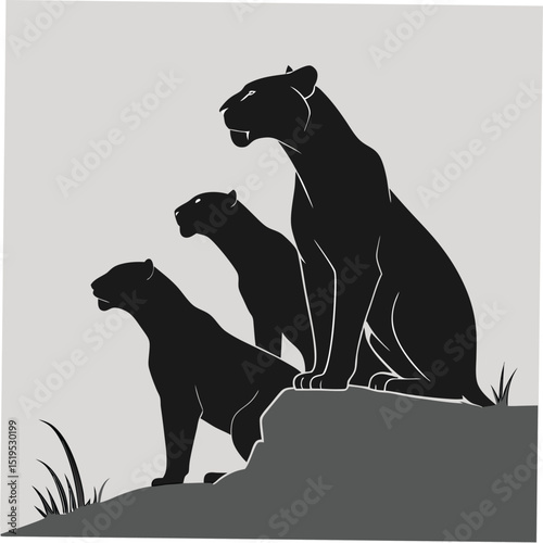 Black panther family silhouette watching from a rock illustration design