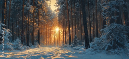 Winter forest landscape with sunlight streaming through snowy trees