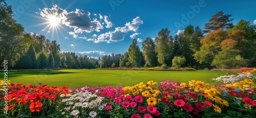 vibrant flower garden under bright sun with lush greenery and blue sky
