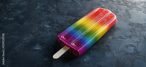 Colorful rainbow popsicle on dark stone background with wooden stick