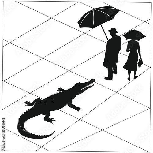 Elegant couple with umbrellas meets a crocodile on a patterned floor