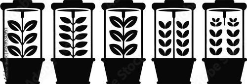 Five potted plants in a row with varying leaf density depicted in black and white minimalist style art