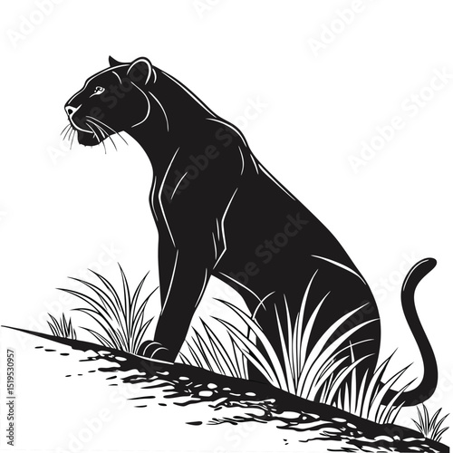 Elegant black panther illustration silhouette wildlife feline predator in grassy habitat