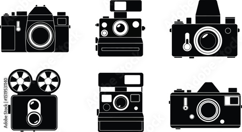A collection of six camera illustrations in black and white showing different styles and designs of cameras