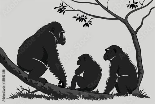 Family of gorillas resting on tree branch in black and white illustration