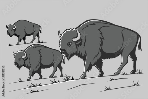Graphic illustration of three bison grazing on a grassy plain