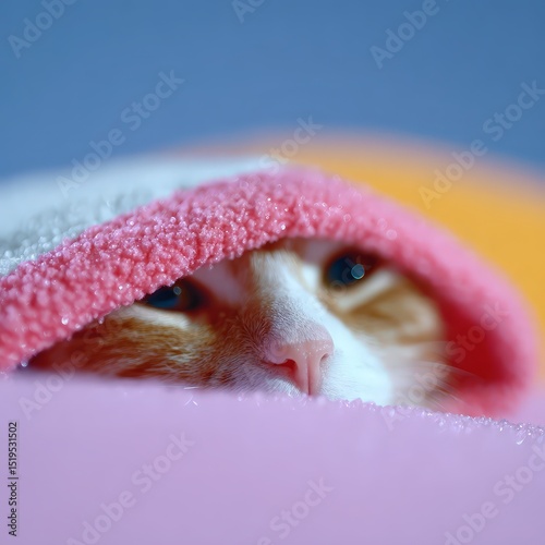 Cute cat with soft fur and hoodie relaxing on pancakes, bright pastel colors in dreamy toyland background