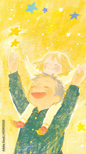 The child sits happily on his father's shoulder